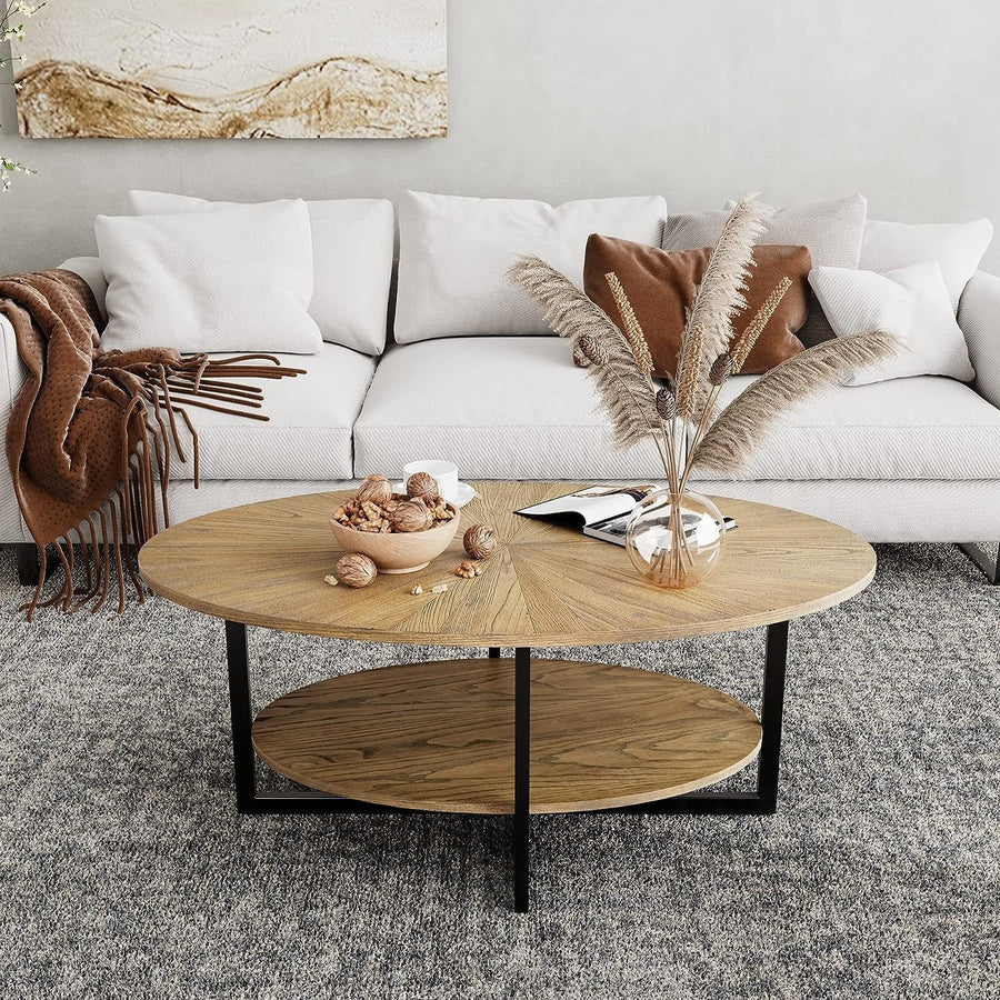 Rustic Brown Oval Coffee Table with Cross Metal Legs & 2-Tier Shelf 110cm