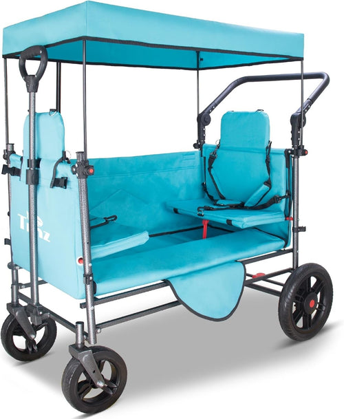 Side-Opening Folding Wagon 120kg Load w/ 2 Seats Canopy Big Wheels Brake