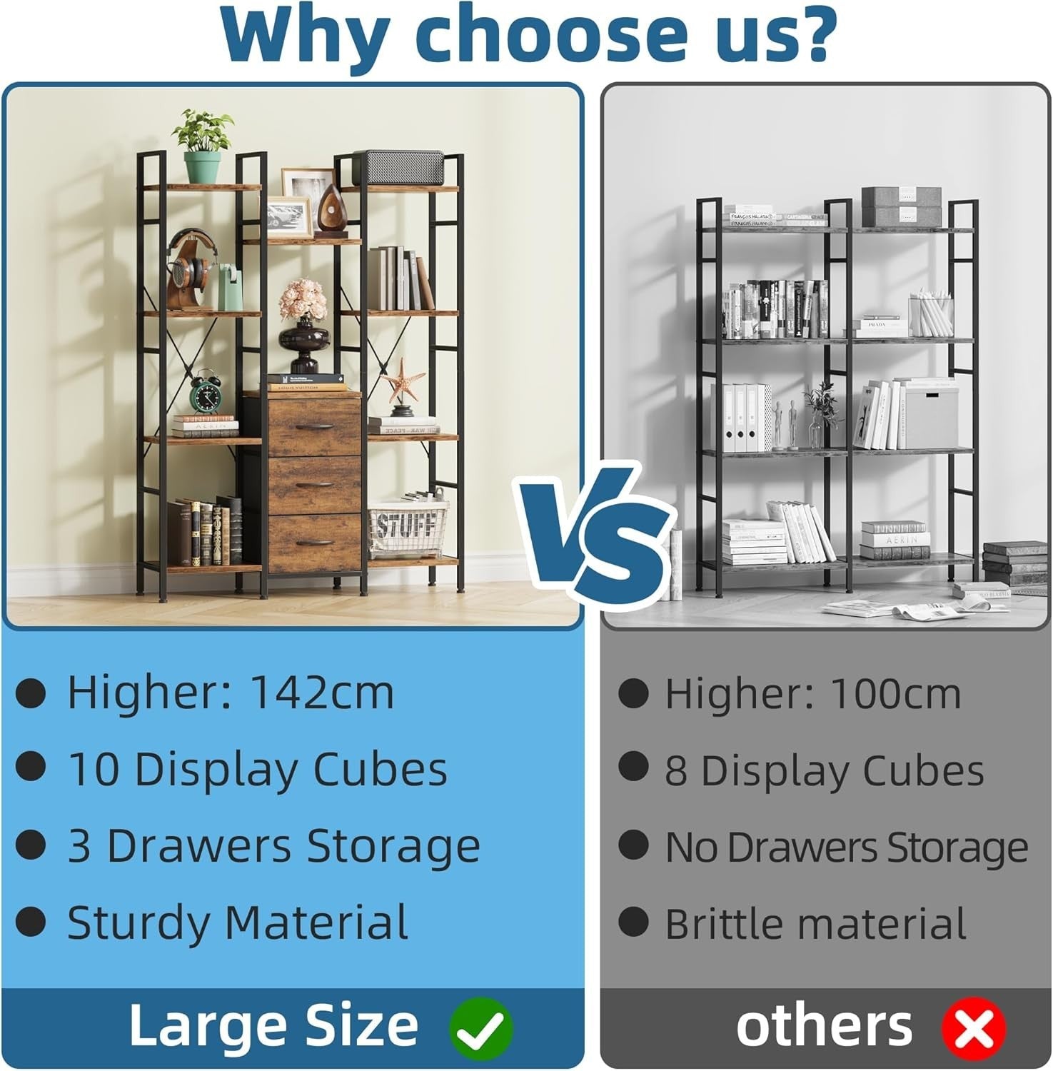 100cm Wide 4-Tier Tall Bookcase with 3 Fabric Drawers Industrial Storage Unit