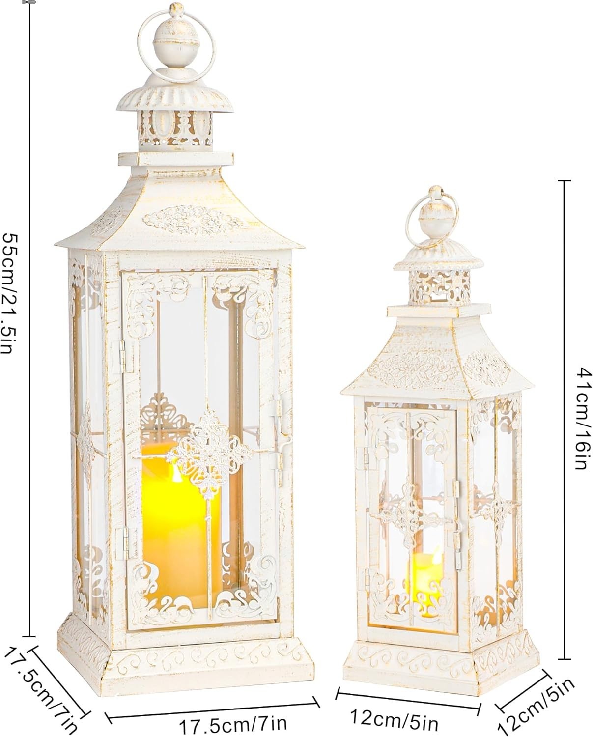 2 Pack White Gold Vintage Metal Candle Lanterns Indoor Outdoor