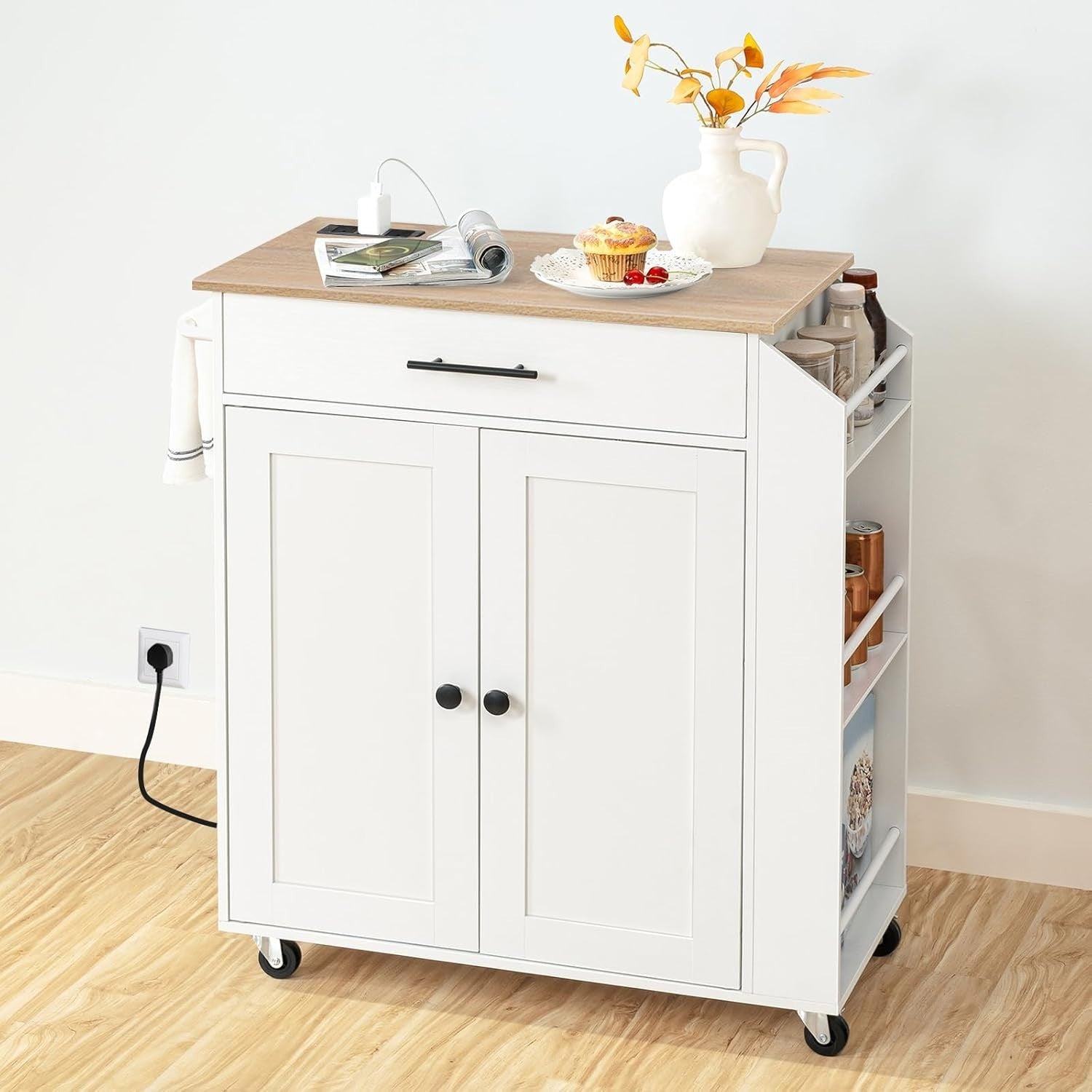 Kitchen Island on Wheels w/ Power Outlet Drawer Rack