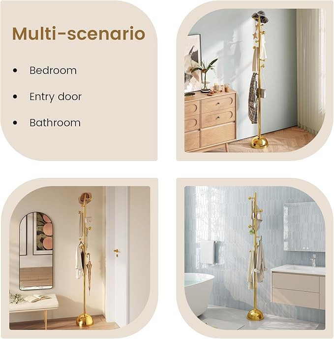 Gold Freestanding Metal Coat Rack | 8 Hooks Modern Floor Stand with Weighted