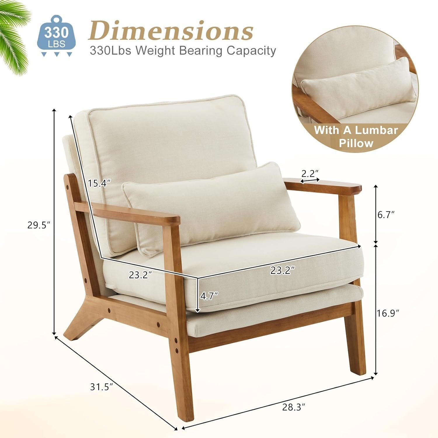 Beige Fabric Accent Chair – Solid Wood Lounge Armchair Wide Arm