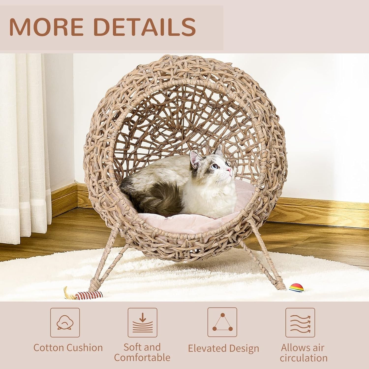 Ball Shape Wicker Cat House Raised Rattan Bed w Cushion Natural