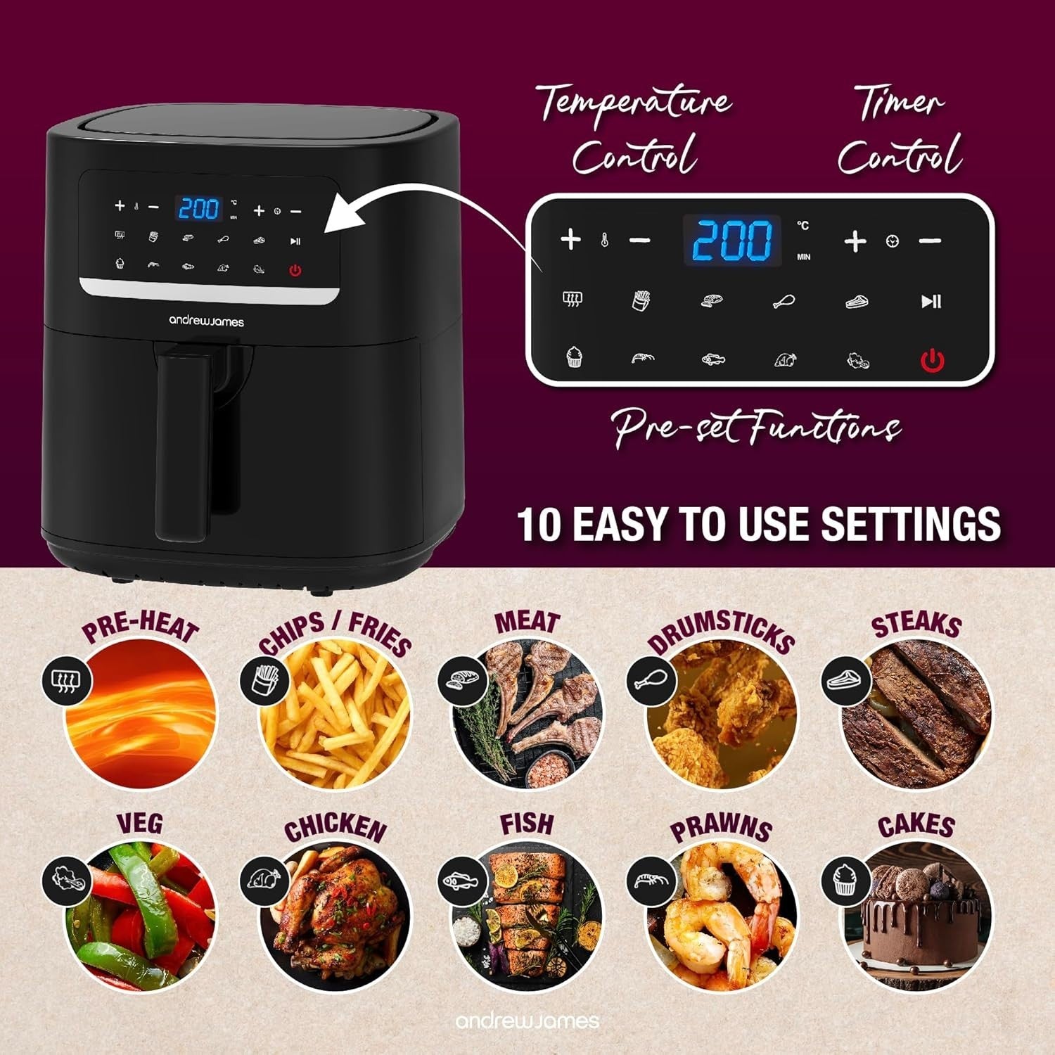 Digital Air Fryer 6L | 10-in-1 Functions, Low-Oil Cooking, LED Touch,