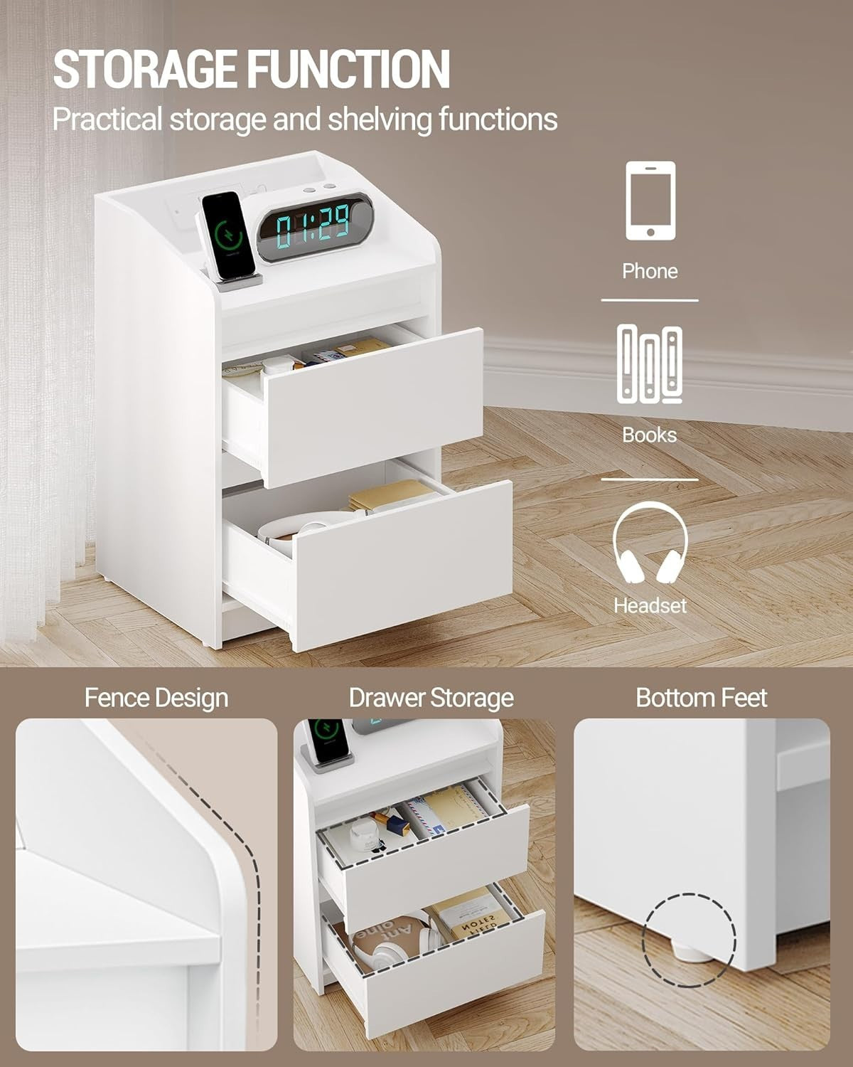Set of 2 LED Bedside Tables with USB Charging Station Modern White Drawers