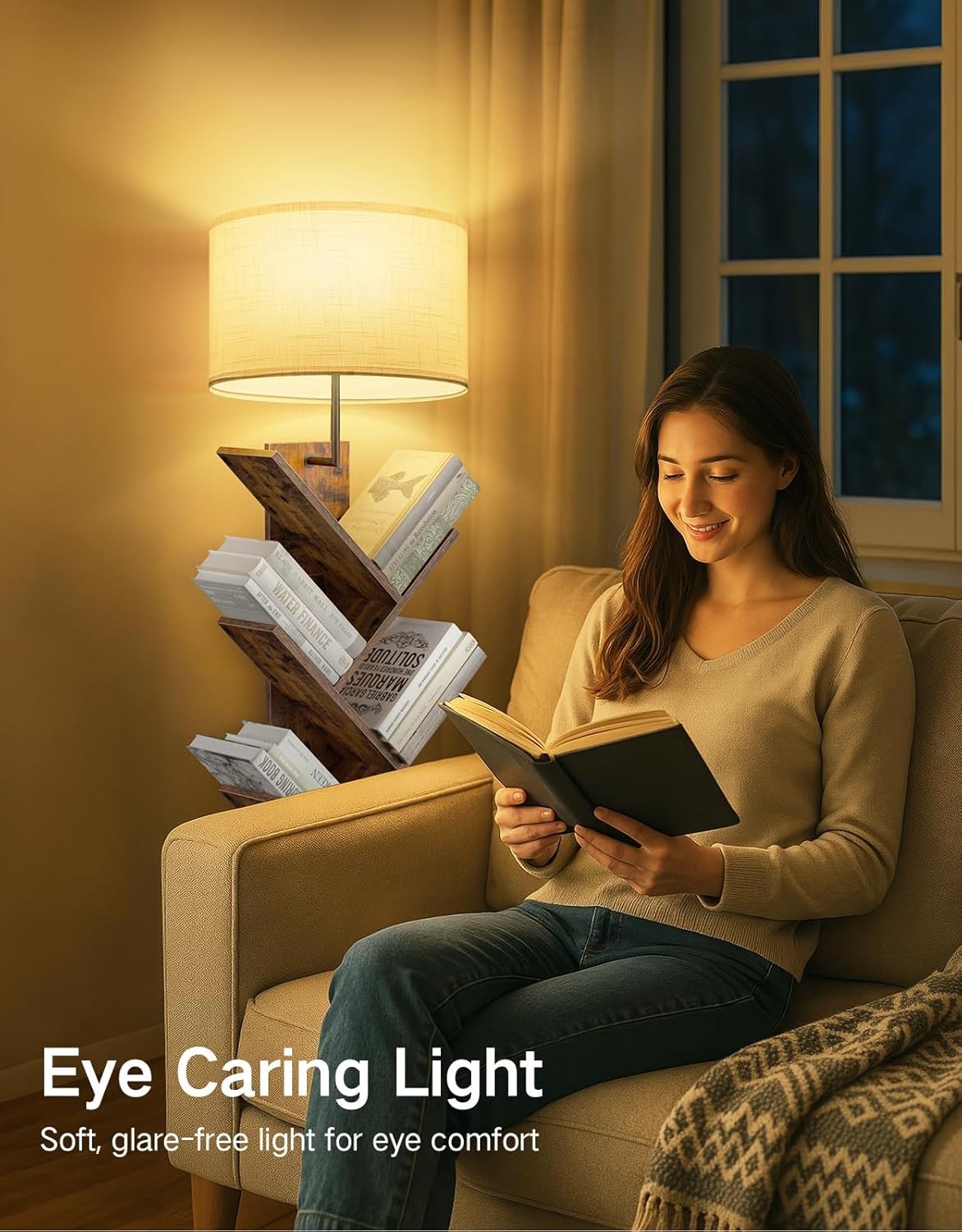 Tree Bookshelf Floor Lamp 9 Tier Wooden Bookcase Light Remote Dimmable