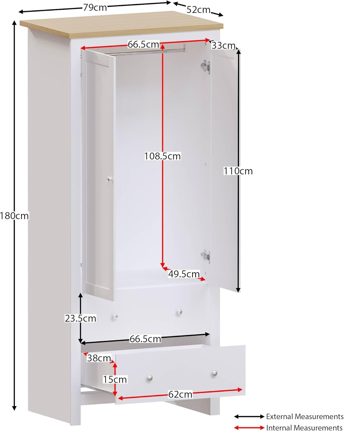 White 2 Door Wardrobe with Drawers Bedroom Storage Cabinet Clothes Rail