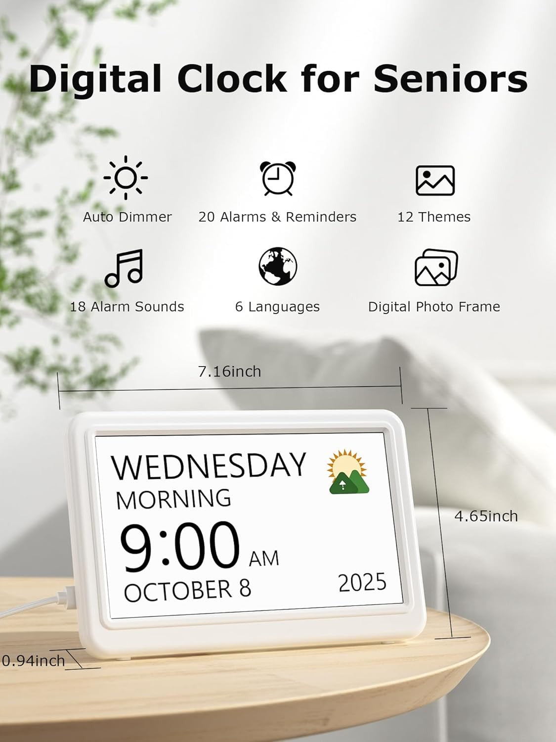 7” Dementia Calendar Clock Large Day Date Time Display Auto Dim Alarms