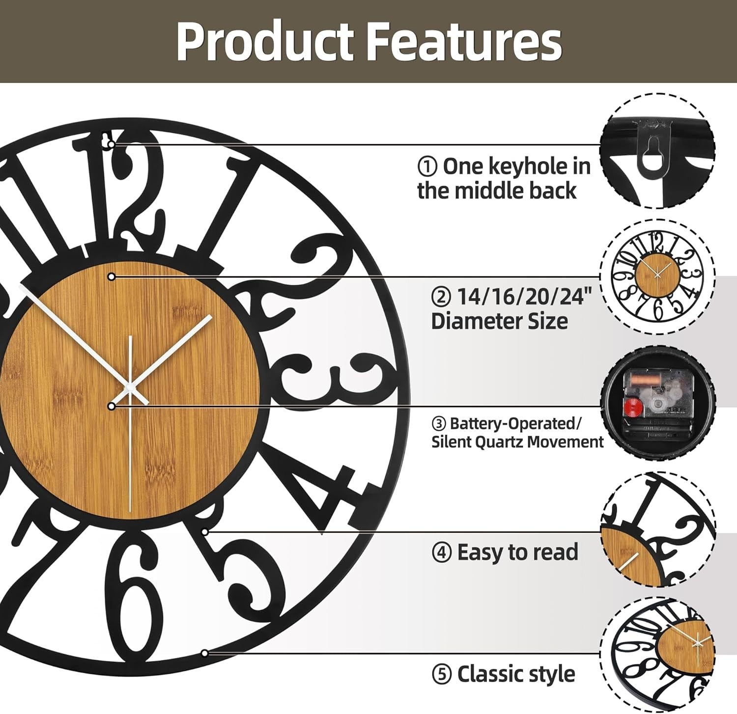 20" Large Wall Clock Modern Wood & Metal Silent Arabic Numerals Home Decor