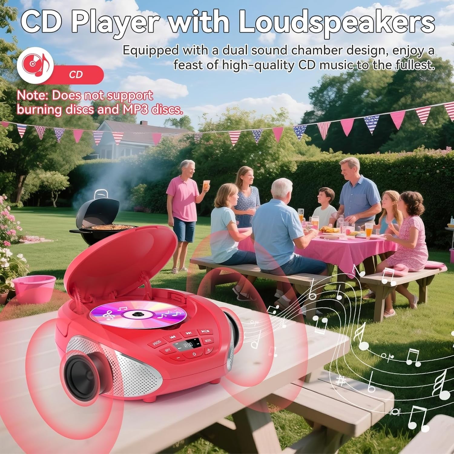 Portable CD Player Boombox Speakers FM Radio AUX Headphone Jack Red