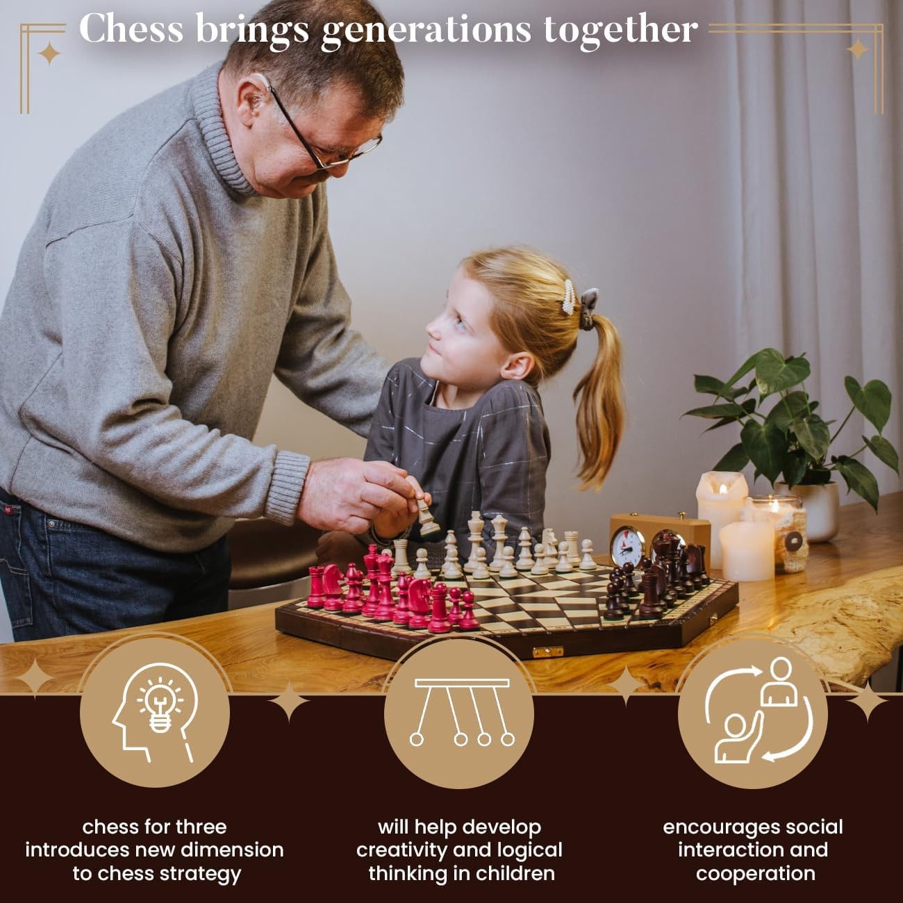 XL 3-Player Wooden Chess Set 54×47cm Handcrafted Board Travel Table Game