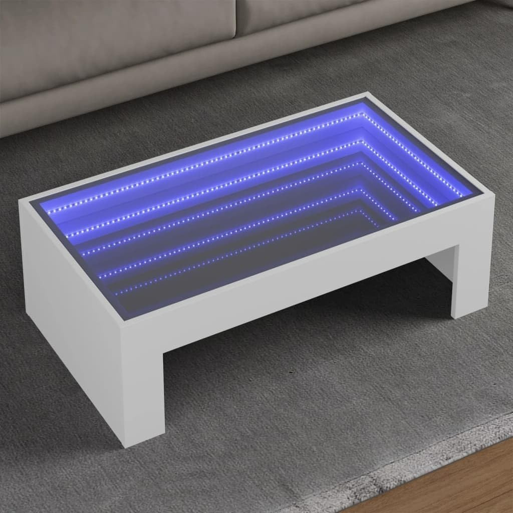 White Infinity LED Coffee Table 90x50x30cm | Modern Glass Top, RGB Lights