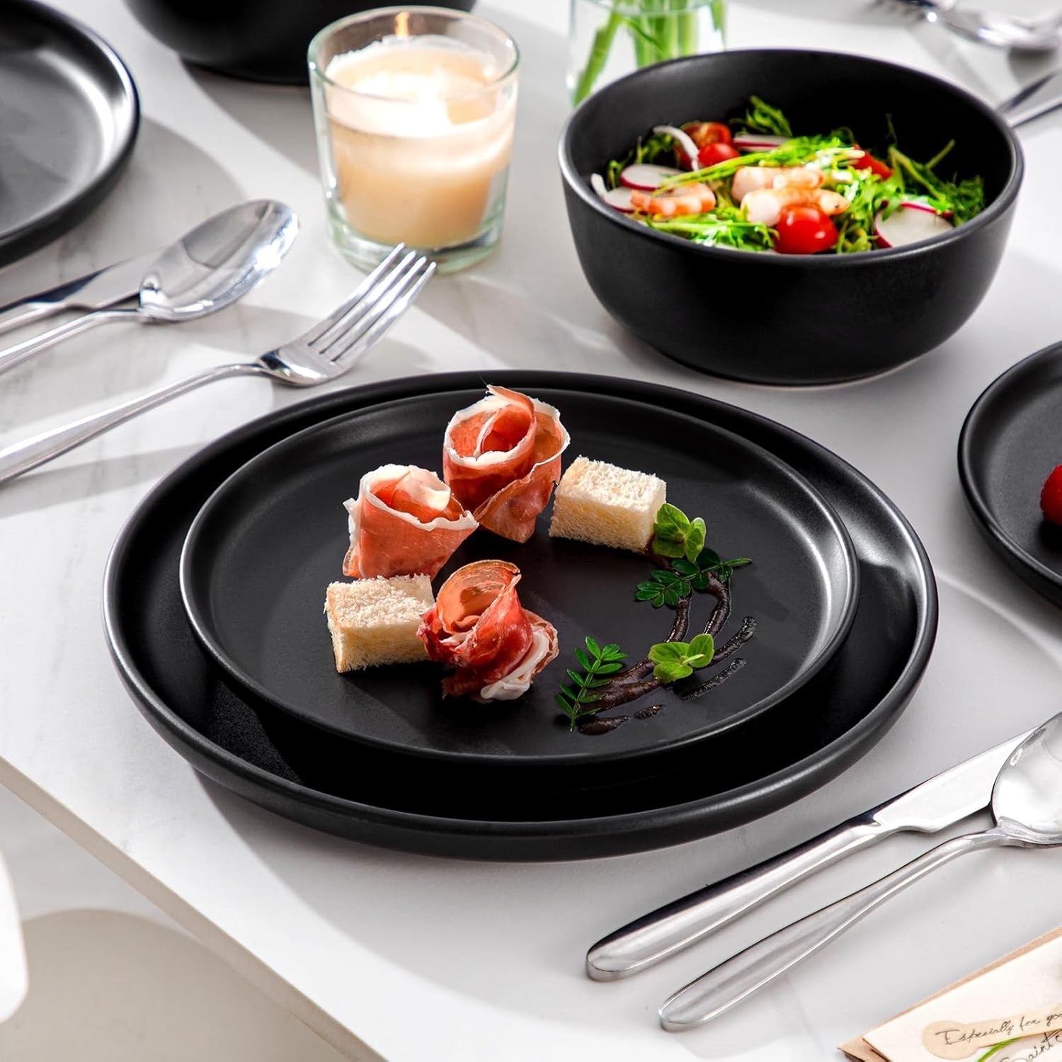 18pc Black Stoneware Dinner Set Matte Glaze Plates Bowls Microwave Safe