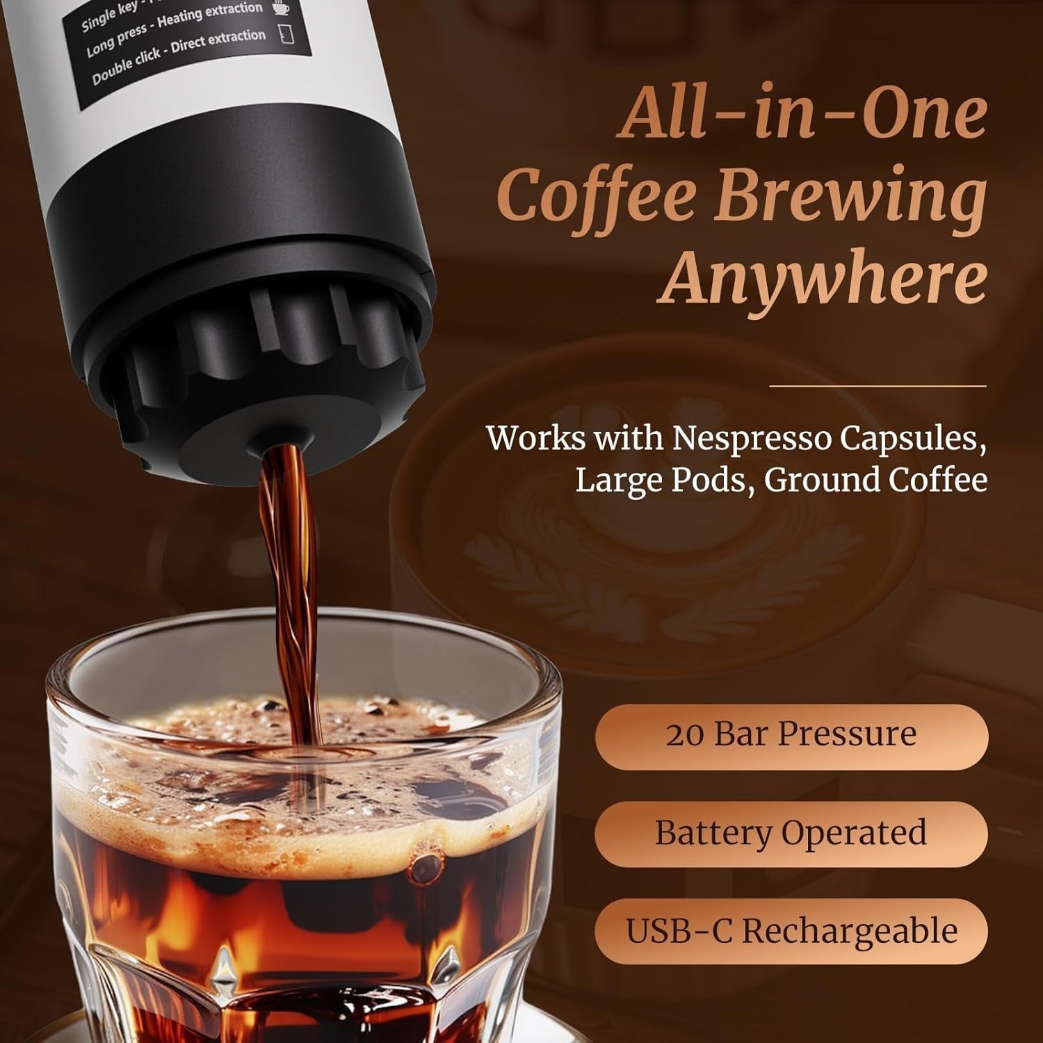 Self-Heating Portable Coffee Maker 20-Bar | Rechargeable Travel Espresso Machine