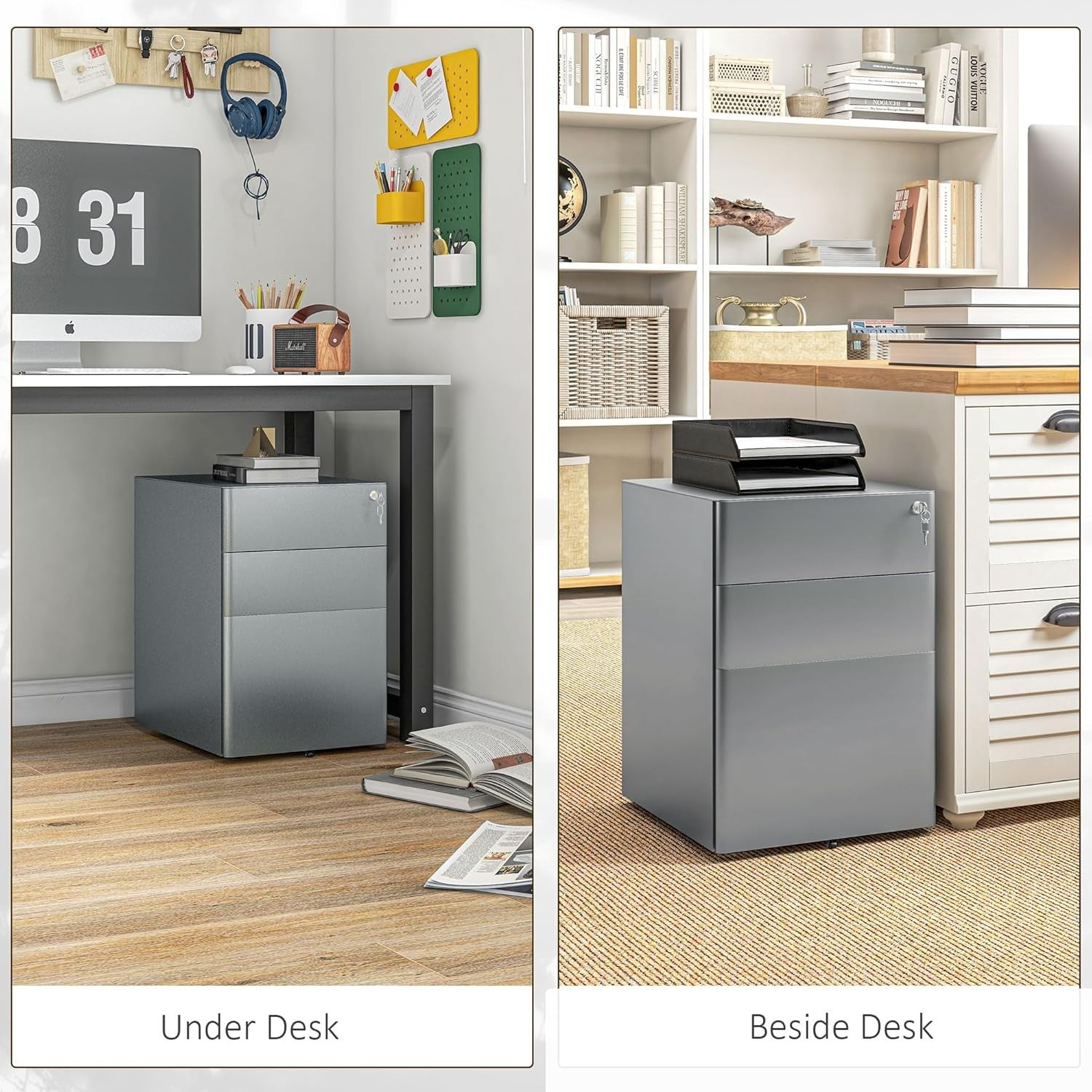 Grey 3 Drawer Mobile Filing Cabinet Lockable Steel A4 Letter Office Storage