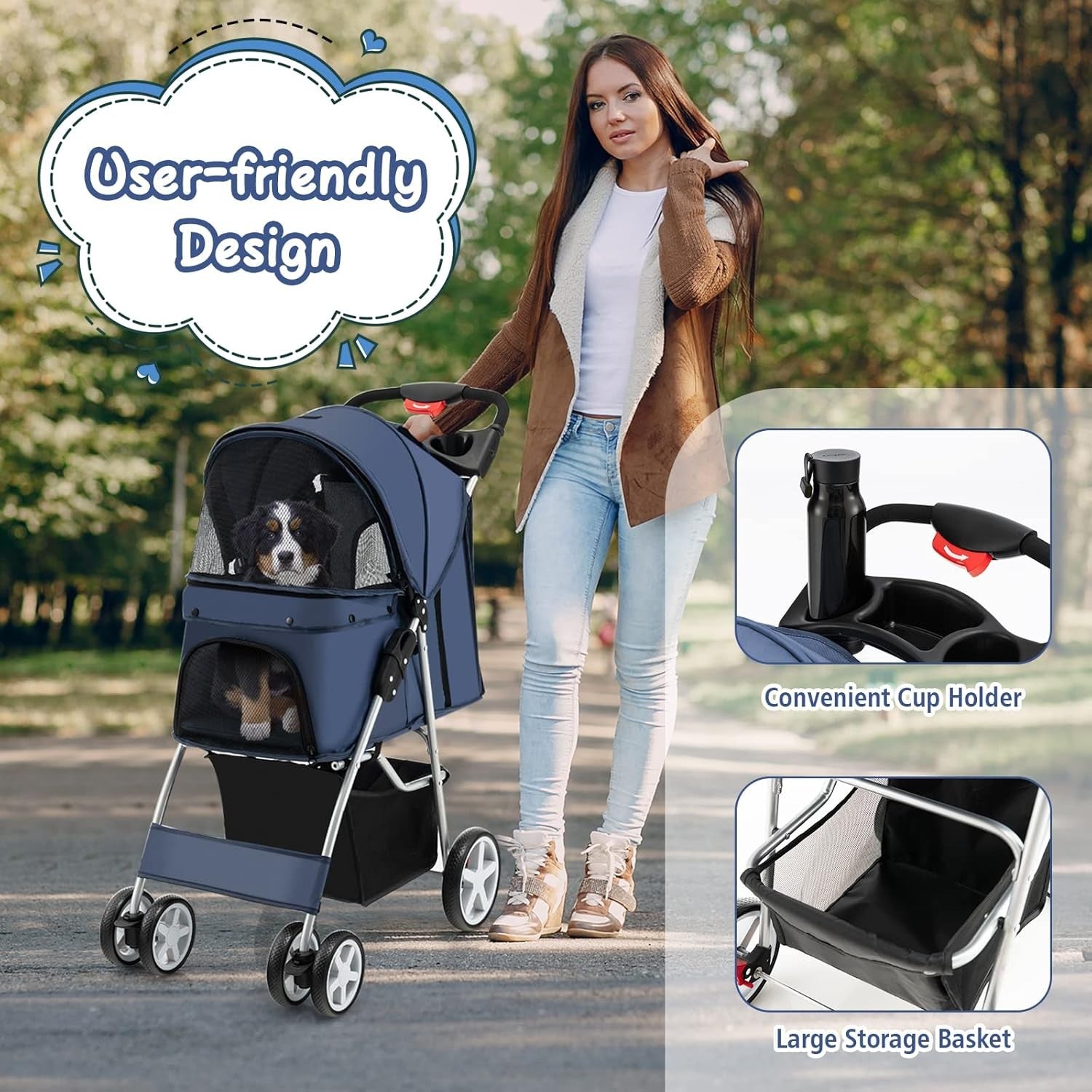 Blue Folding Pet Stroller 4 Wheel Dog Cat Pushchair Safety Belt Cup Holder