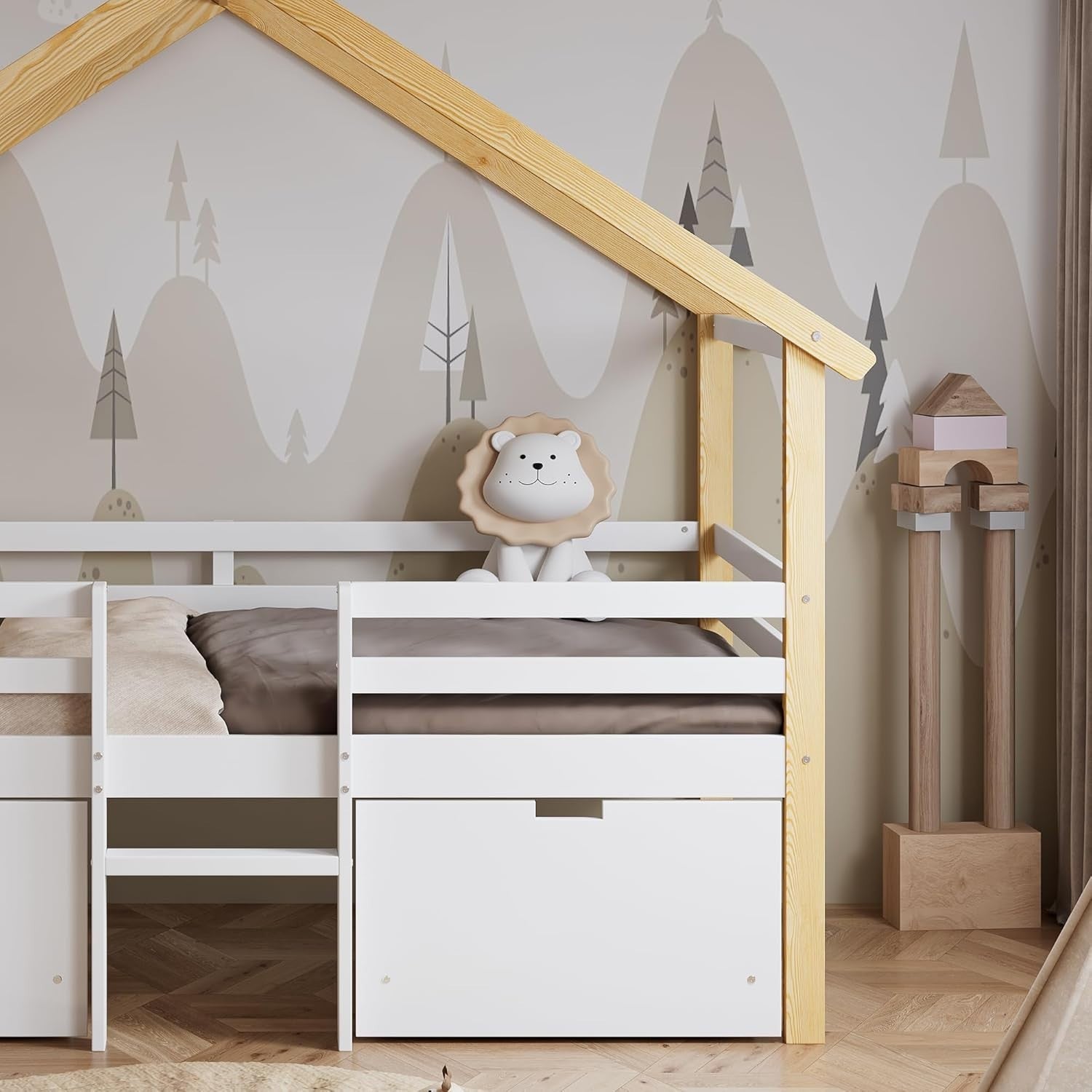Kids Cabin Bed w/ Drawers 3FT 90x190cm House Frame, Storage & Guardrail