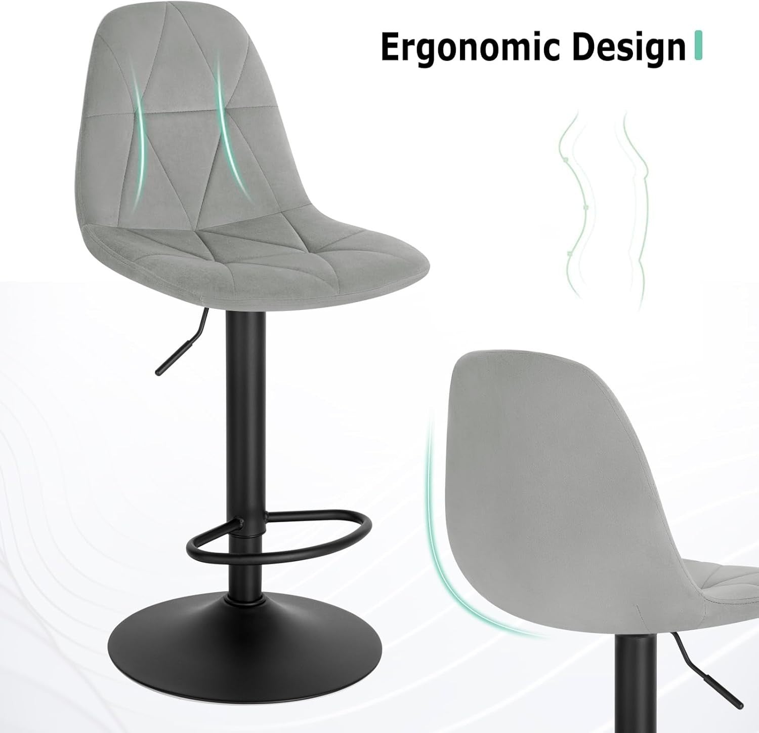 Adjustable Swivel Light Grey Velvet Bar Stool L-Shaped Seat 60-81cm