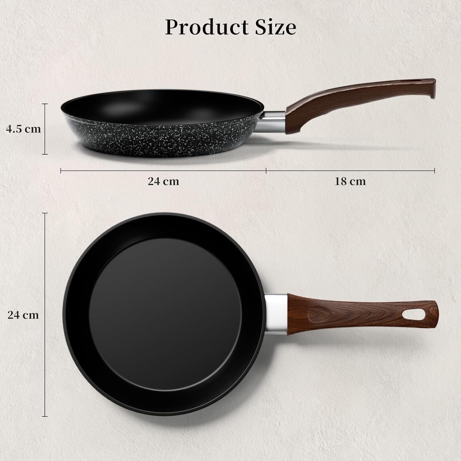 24cm Black Non Stick Frying Pan Induction Ready Granite Coating PFOA-Free