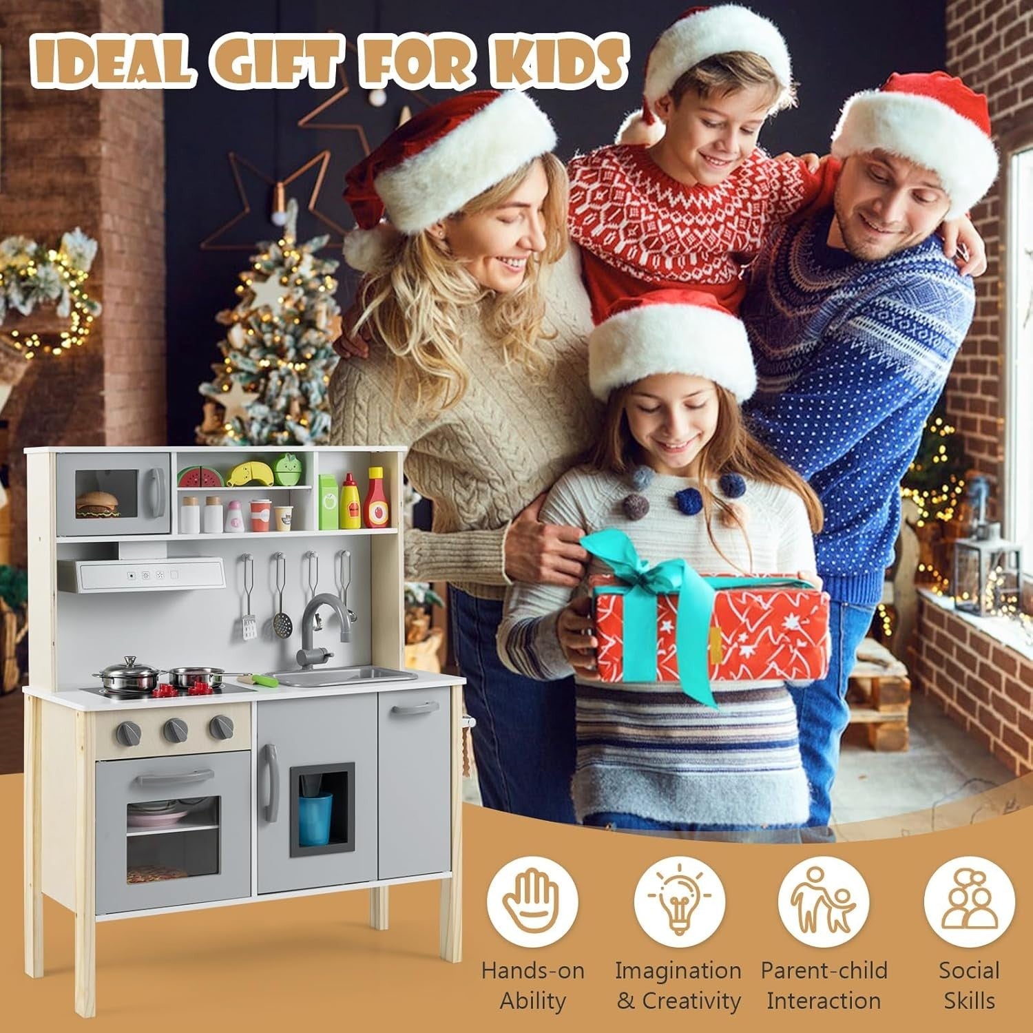 Wooden Kids Play Kitchen Grey Toy Set Microwave Oven Ice Maker Sound