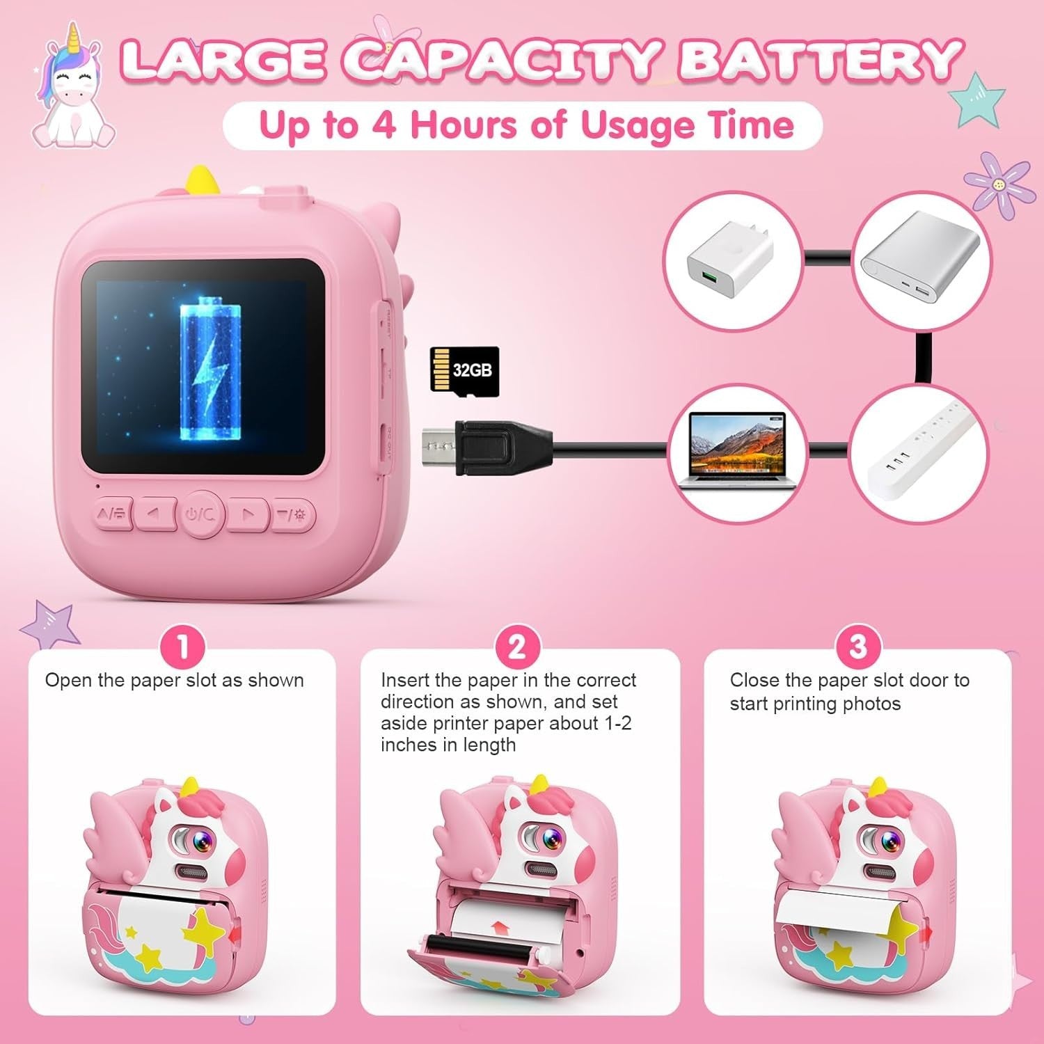 Kids Instant Print Camera 12MP 1080P HD 32GB Card Photo Paper Pink