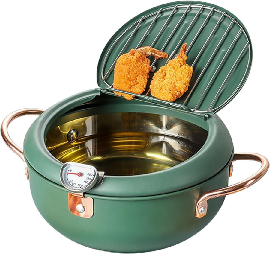 Japanese Style Covered Deep Fryer Pot 14cm Stainless Steel Thermometer Lid