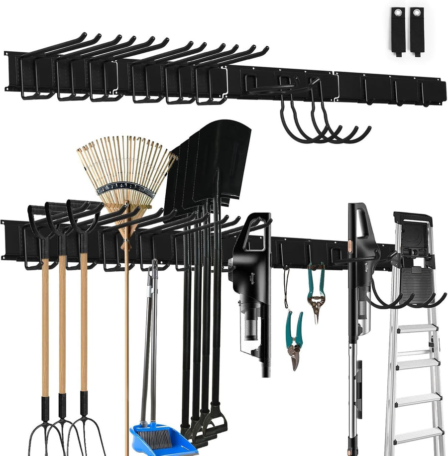 Wall-Mount Garden Tool Rack 162x4cm 12 Hooks & 2 Straps Garage Organizer