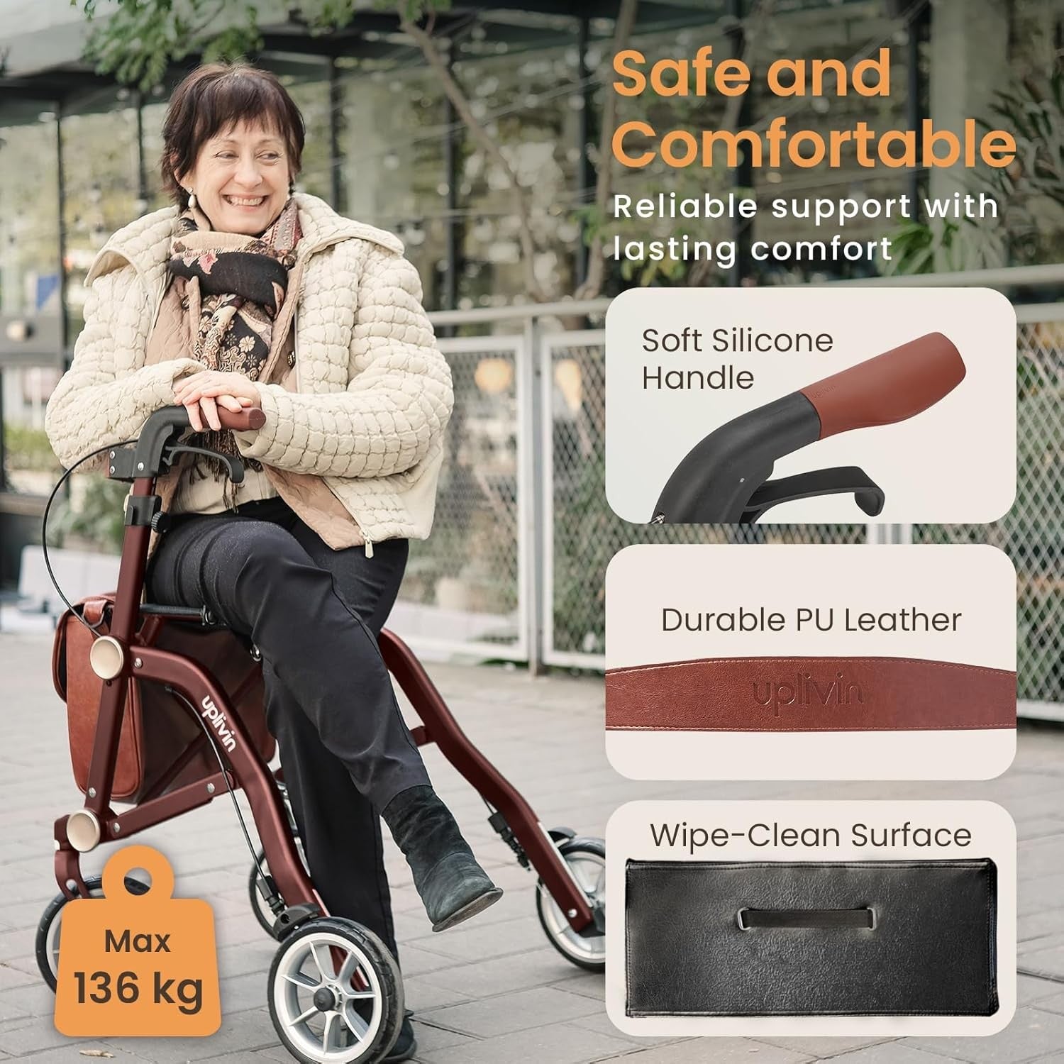 Luxury Lightweight Rollator Walker Seat 4 Wheel Dual Folding Aluminium