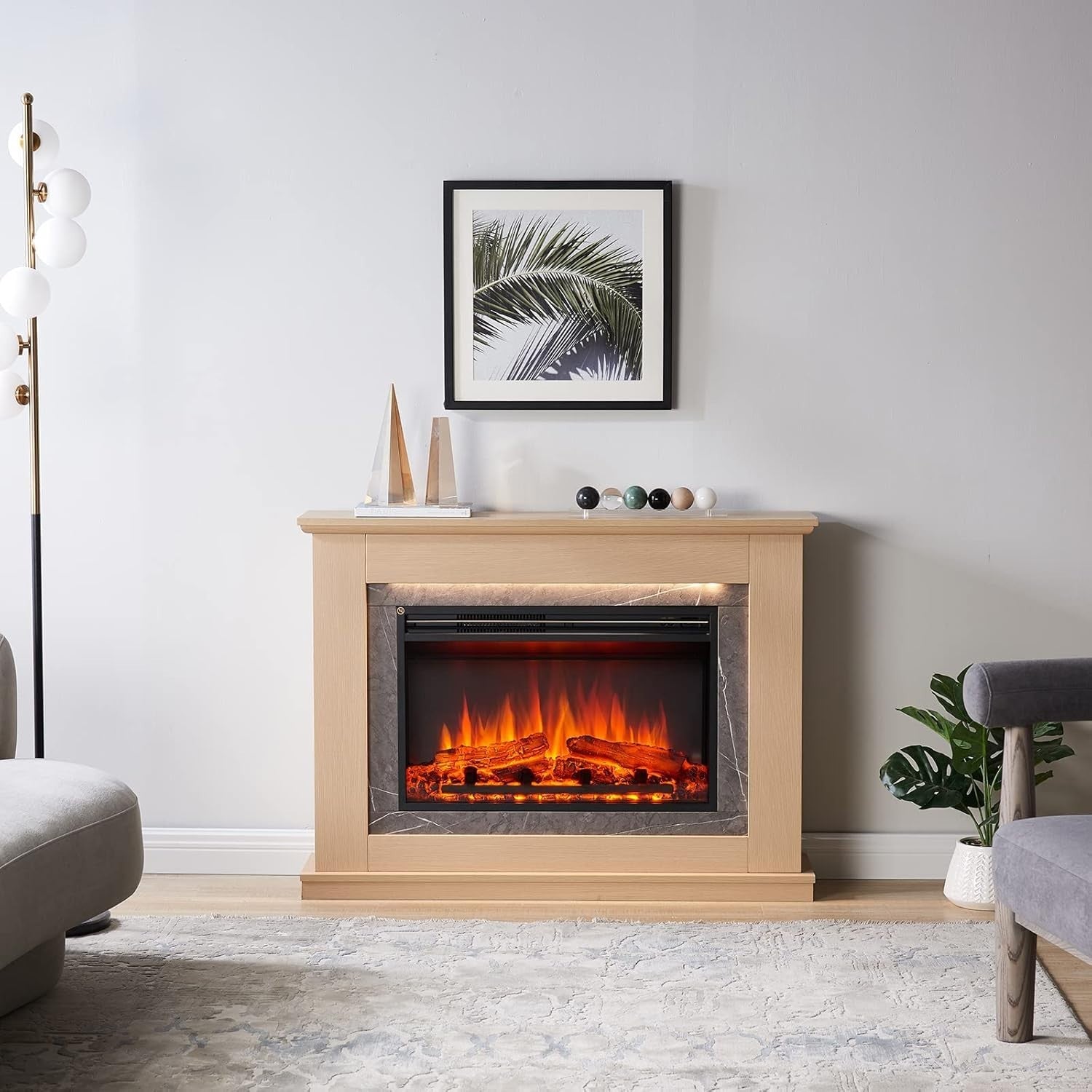 Electric Fireplace Suite 43" LED Log Flame Heater Freestanding Oak