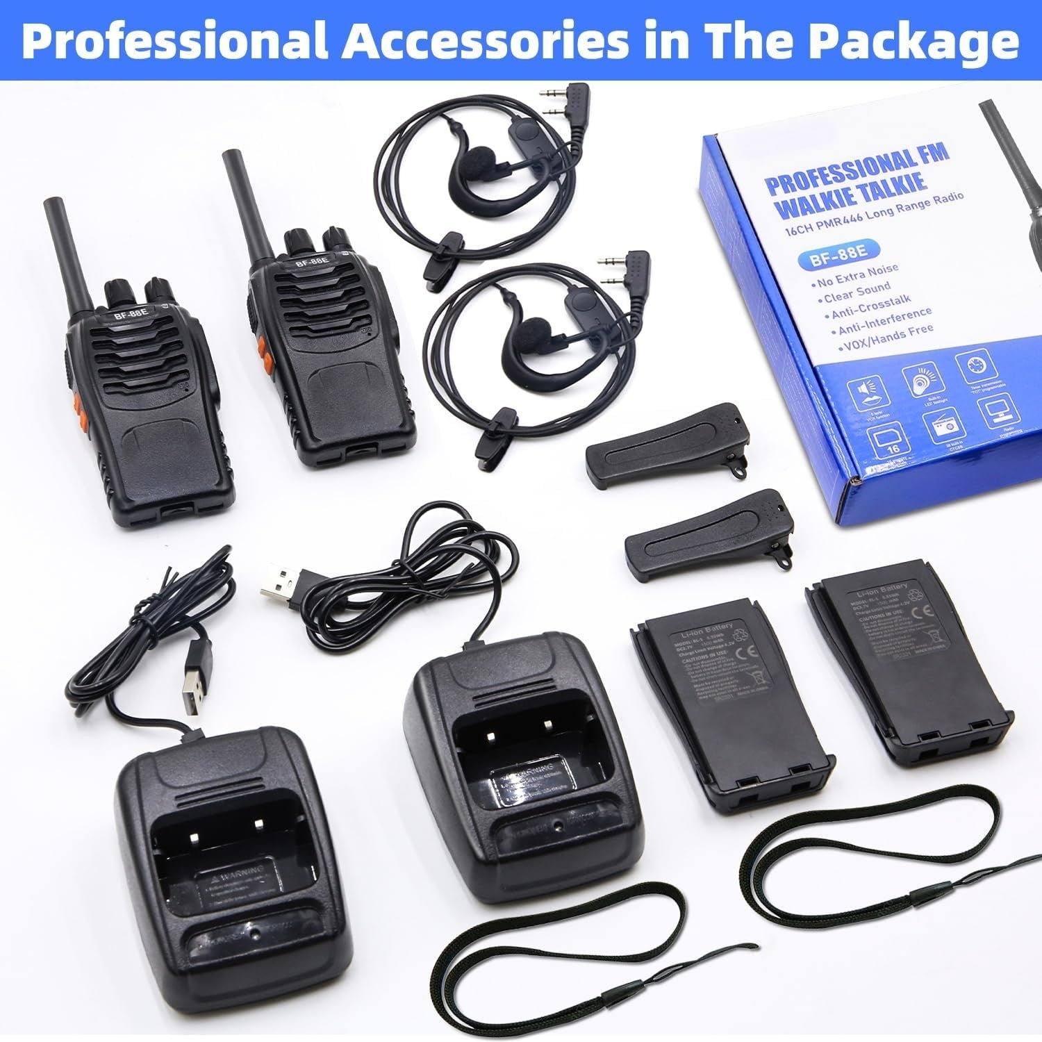 Long Range Walkie Talkies 16CH Rechargeable VOX w Earpieces 2 Pack