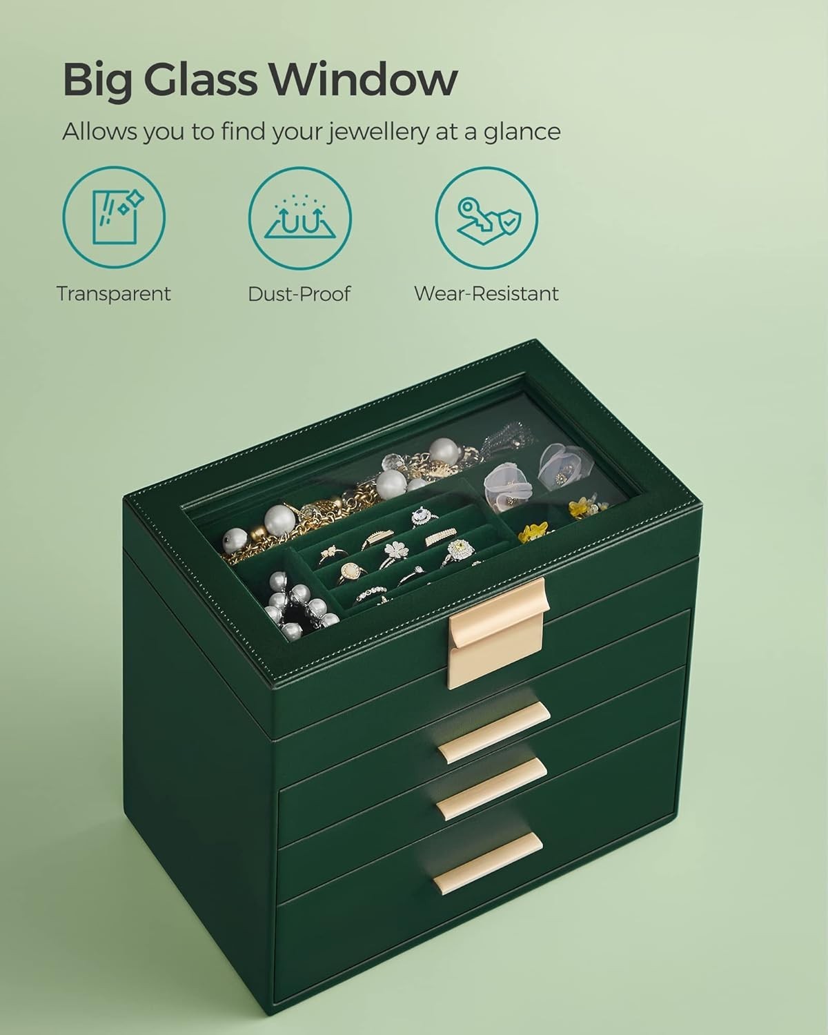 Forest Green Gold Jewellery Box Glass Lid 4 Layer Organizer with Drawers