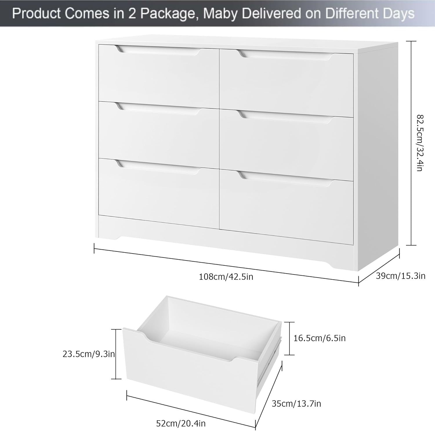 6 Drawer White Chest of Drawers Modern Bedroom Storage Cabinet Wood