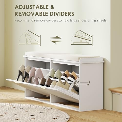 White Shoe Storage Bench with Cushion & Flip Drawers – Modern Hallway Unit