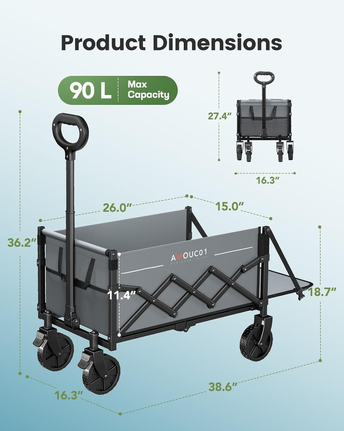 Grey 90L Folding Festival Trolley Expandable Camping Wagon 360lbs Heavy Duty