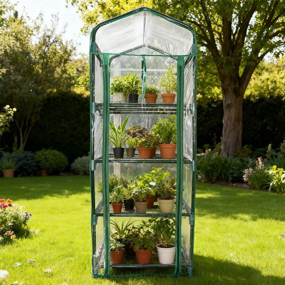 4 Tier Mini Greenhouse | PVC Cold Frame | Steel Shelves | Weatherproof Garden