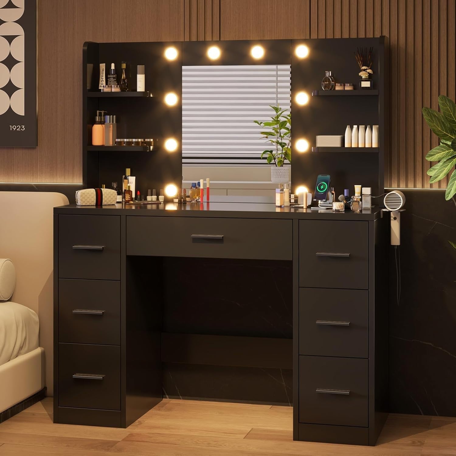 Black Modern Vanity Makeup Dressing Table Desk w/ Mirror LED Lights Power Outlet