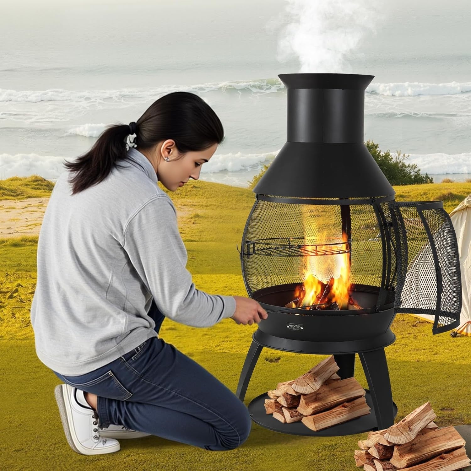 Outdoor Wood Burning Chiminea Fire Pit with Grill Mesh & Chimney Patio Heater