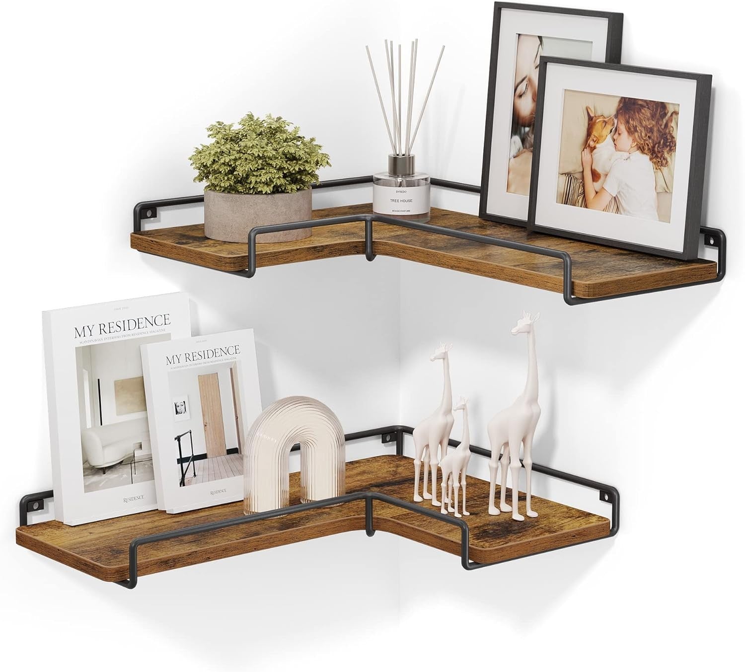 Rustic L-Shaped Floating Corner Shelves Set of 2 Wall Mounted Storage Rack