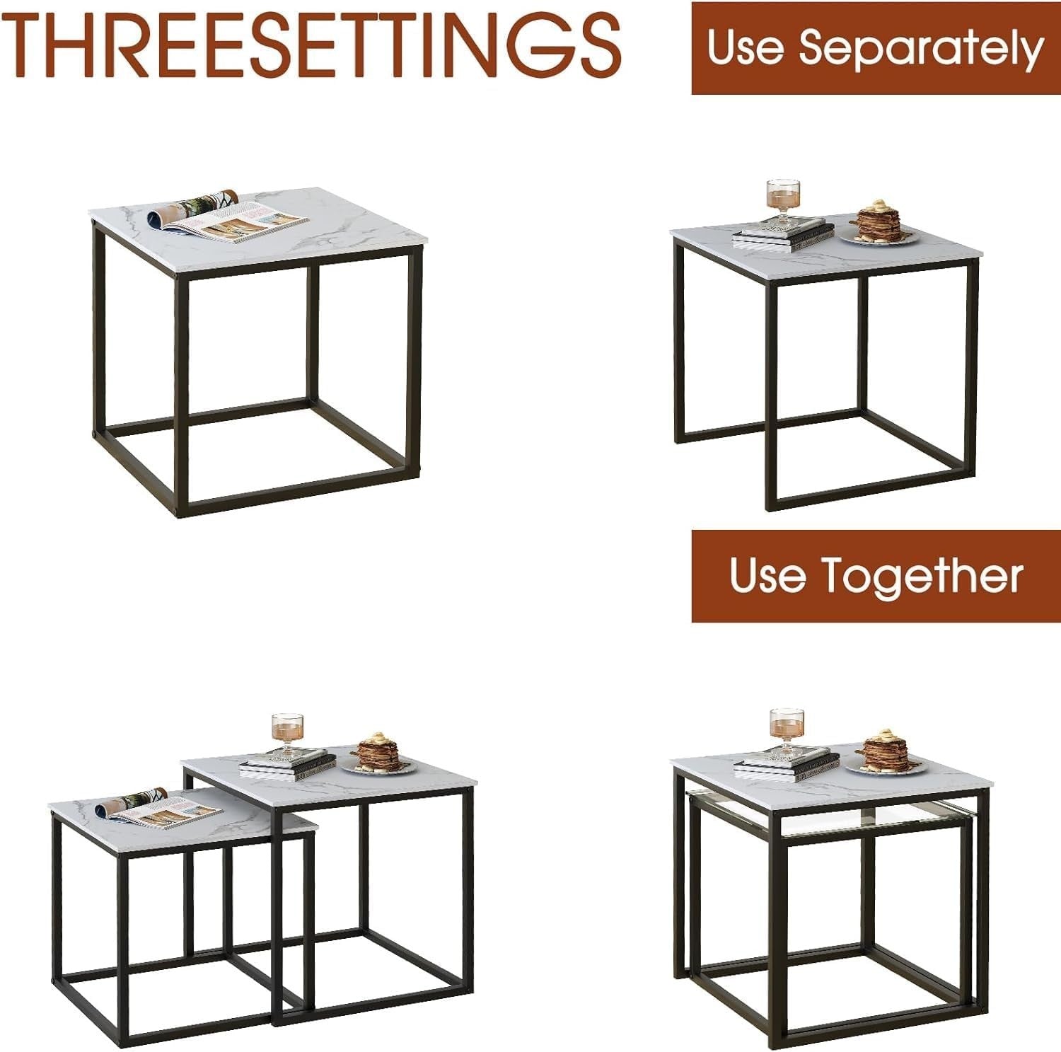 Black Nesting Coffee Table Set Modern Square Side End Tables Metal Frame