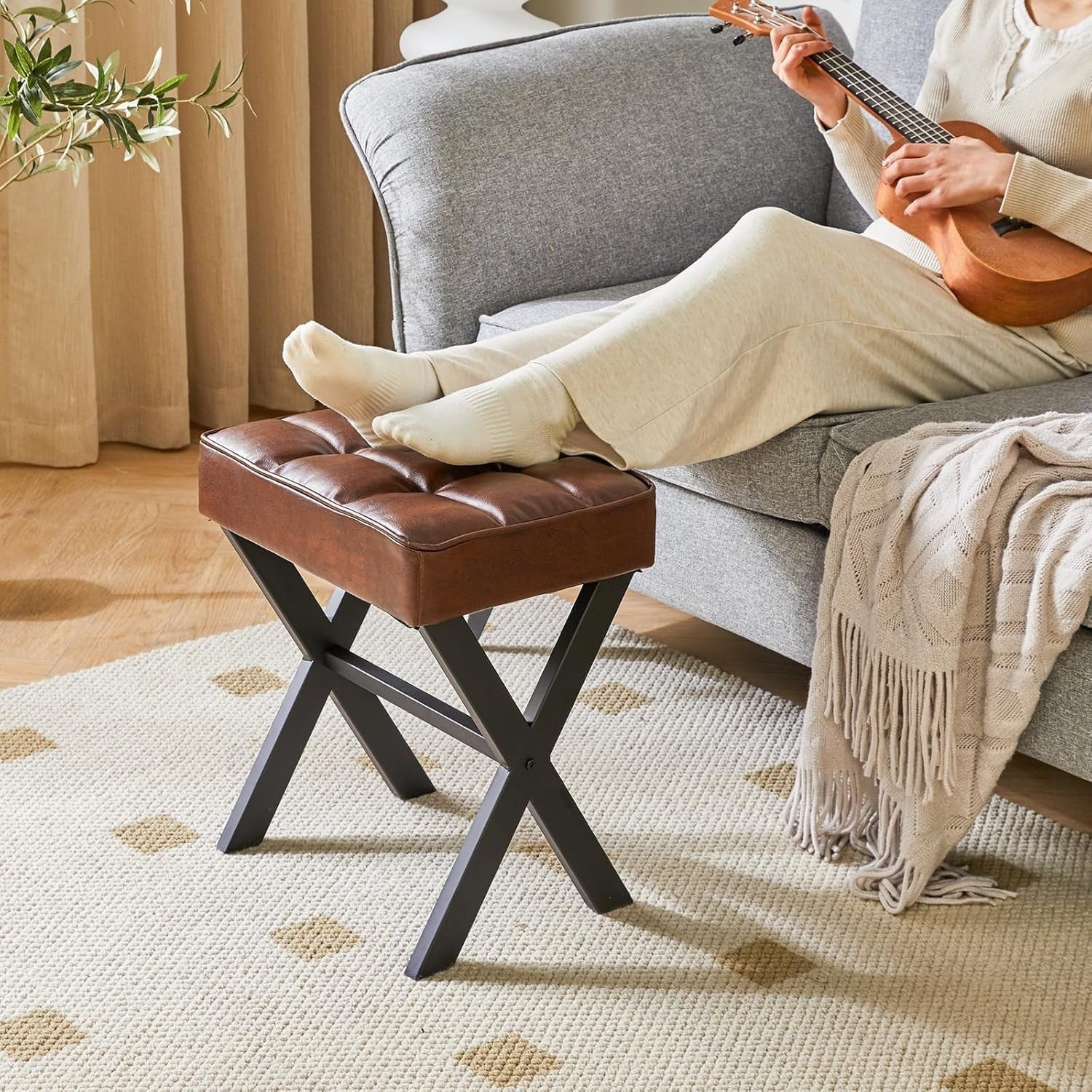 Square PU Makeup Stool with X-Leg Design – Compact Vanity Footrest (Dark Brown)