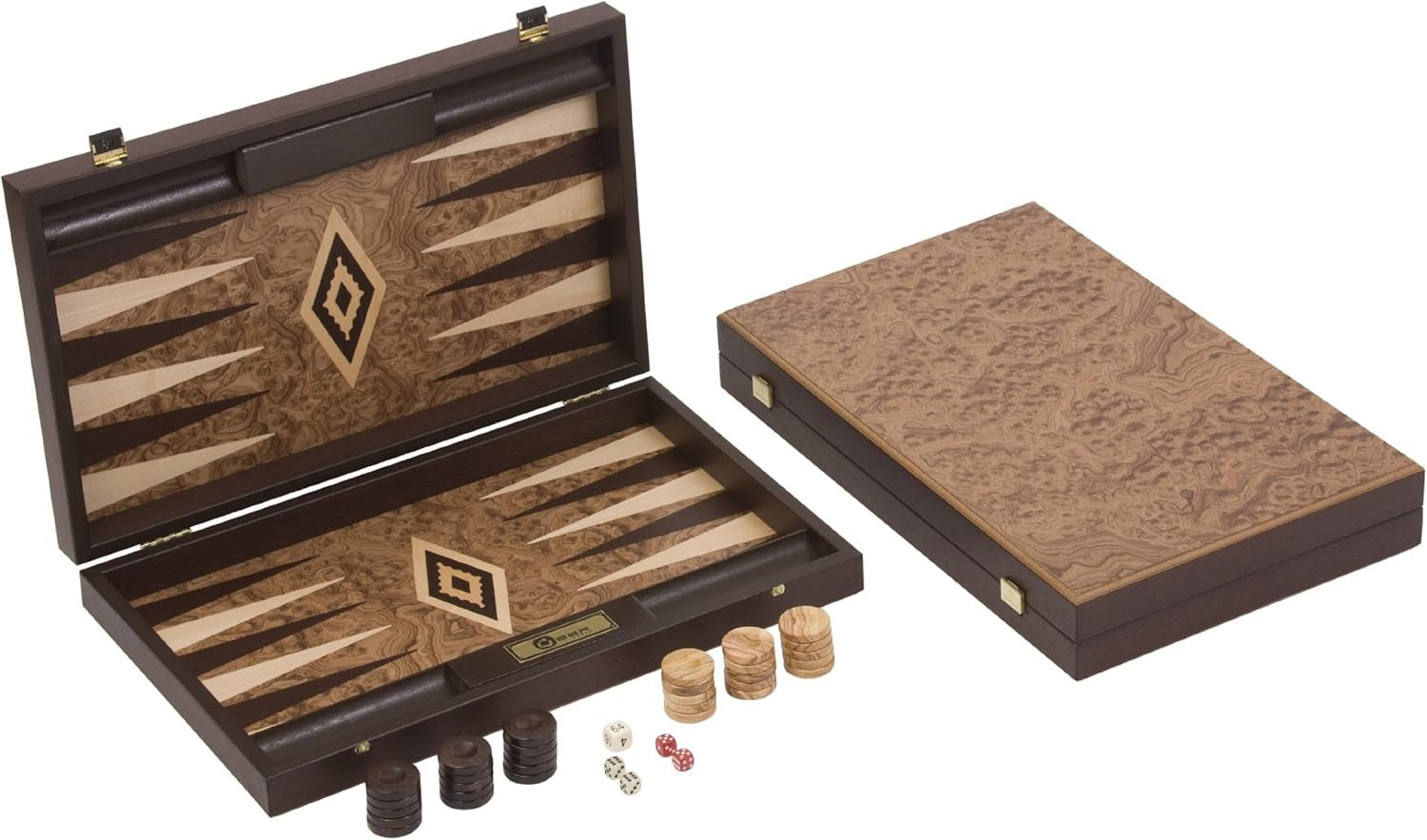Walnut Burl Backgammon Set Luxury Wooden Foldable Board 19” Premium