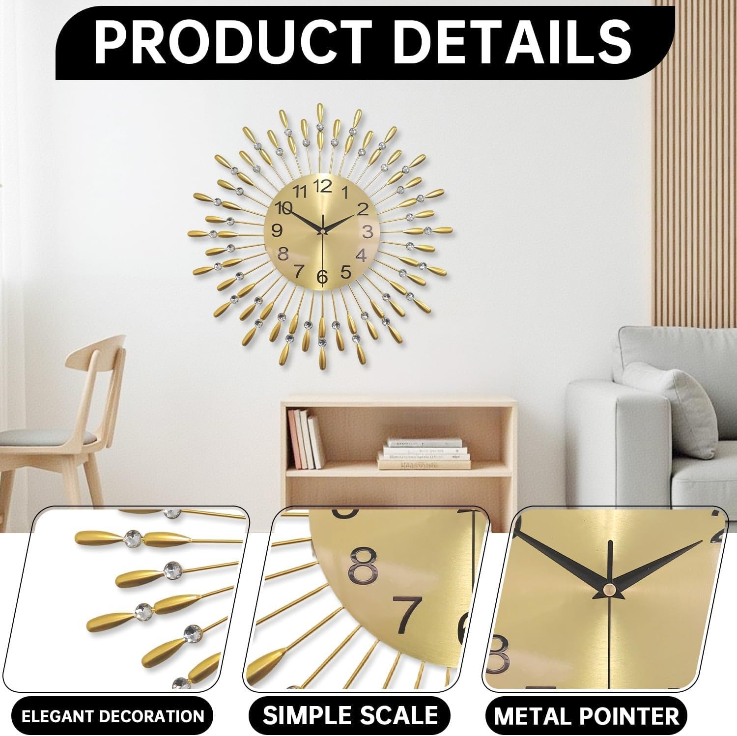 50cm Large Gold Wall Clock – Silent Quartz Modern Sunburst Decorative Design