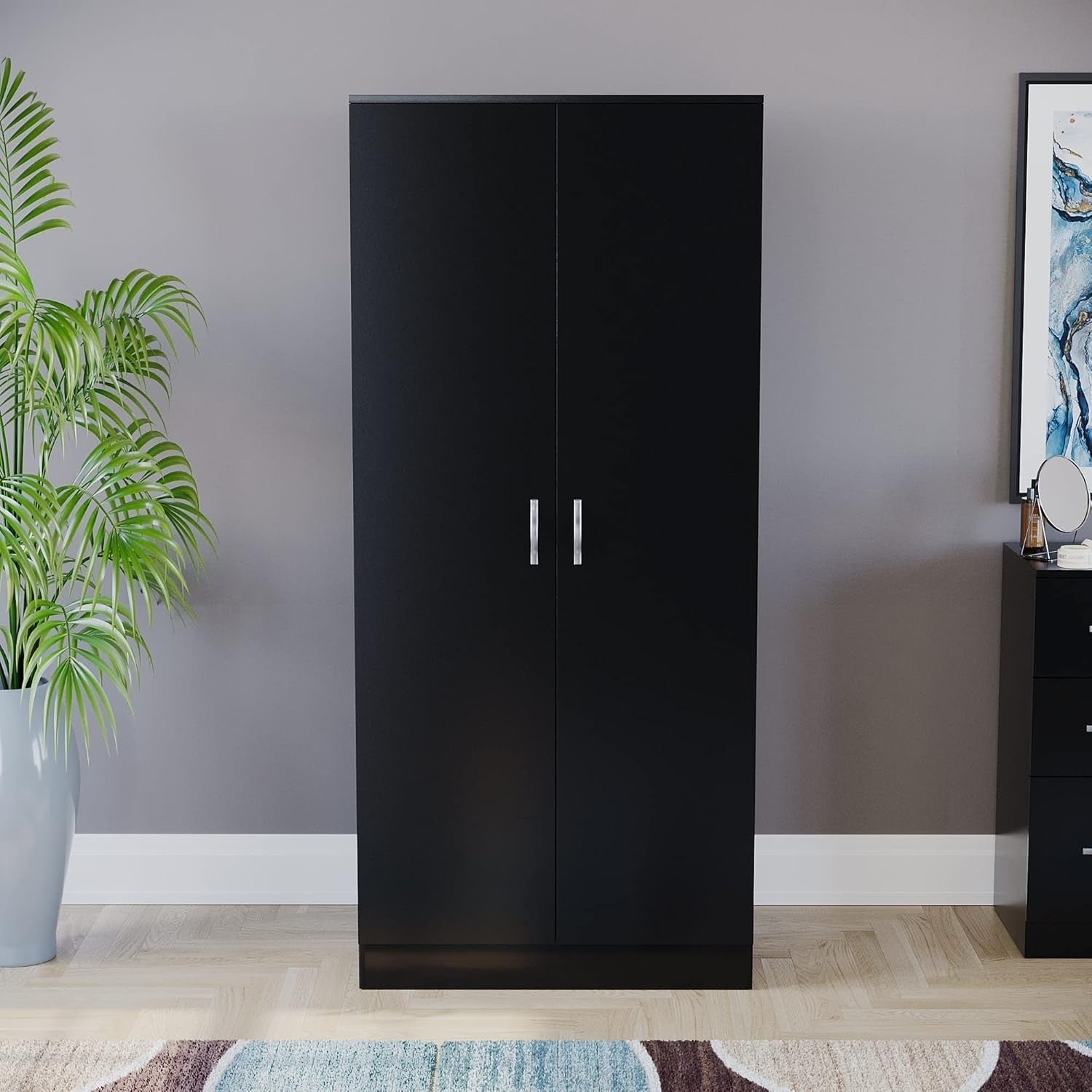 Black 2 Door Wardrobe With Shelf & Rail, Modern Bedroom Storage Unit