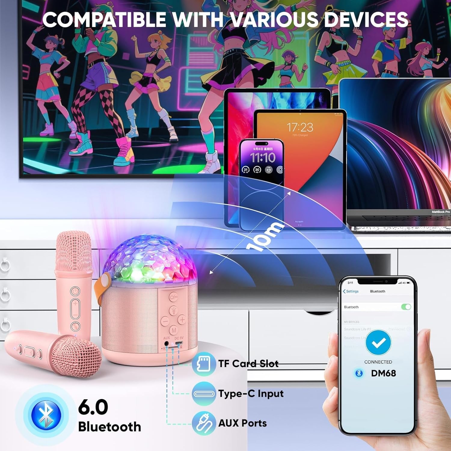 Girls Karaoke Machine with 2 Mics LED Party Speaker Gift