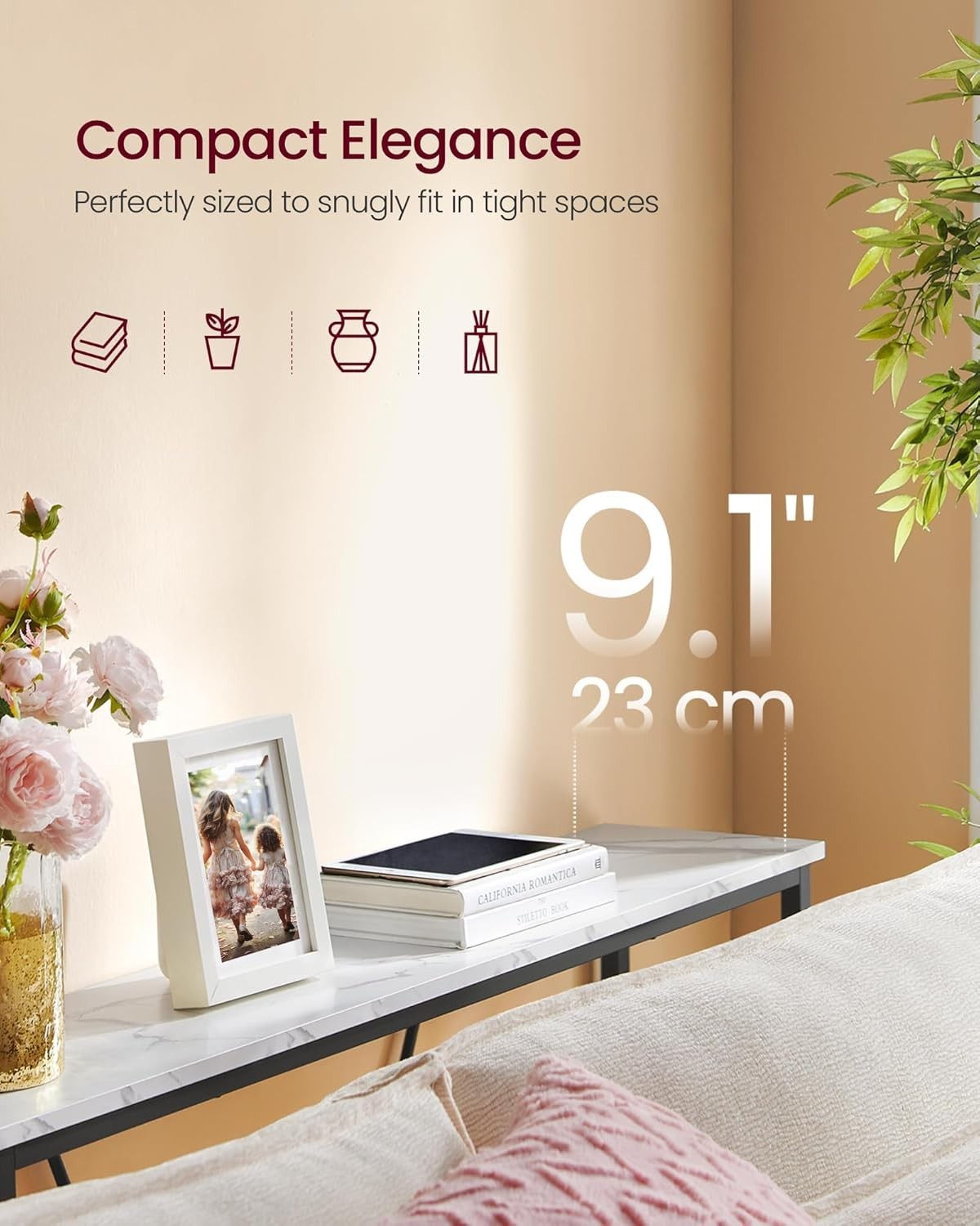 White Marble Slim Console Table Narrow Hallway Sofa Table 120cm Modern Metal