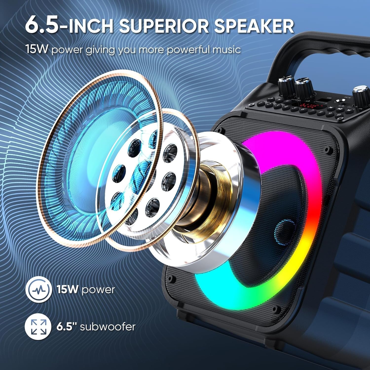 Karaoke Machine with 2 Wireless Mics Bluetooth Speaker LED 15W