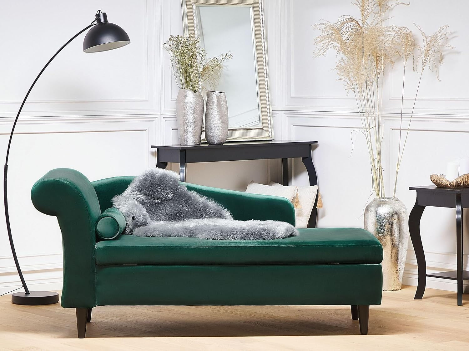 Velvet Left Hand Chaise Lounge with Storage Emerald Green Living Room Sofa