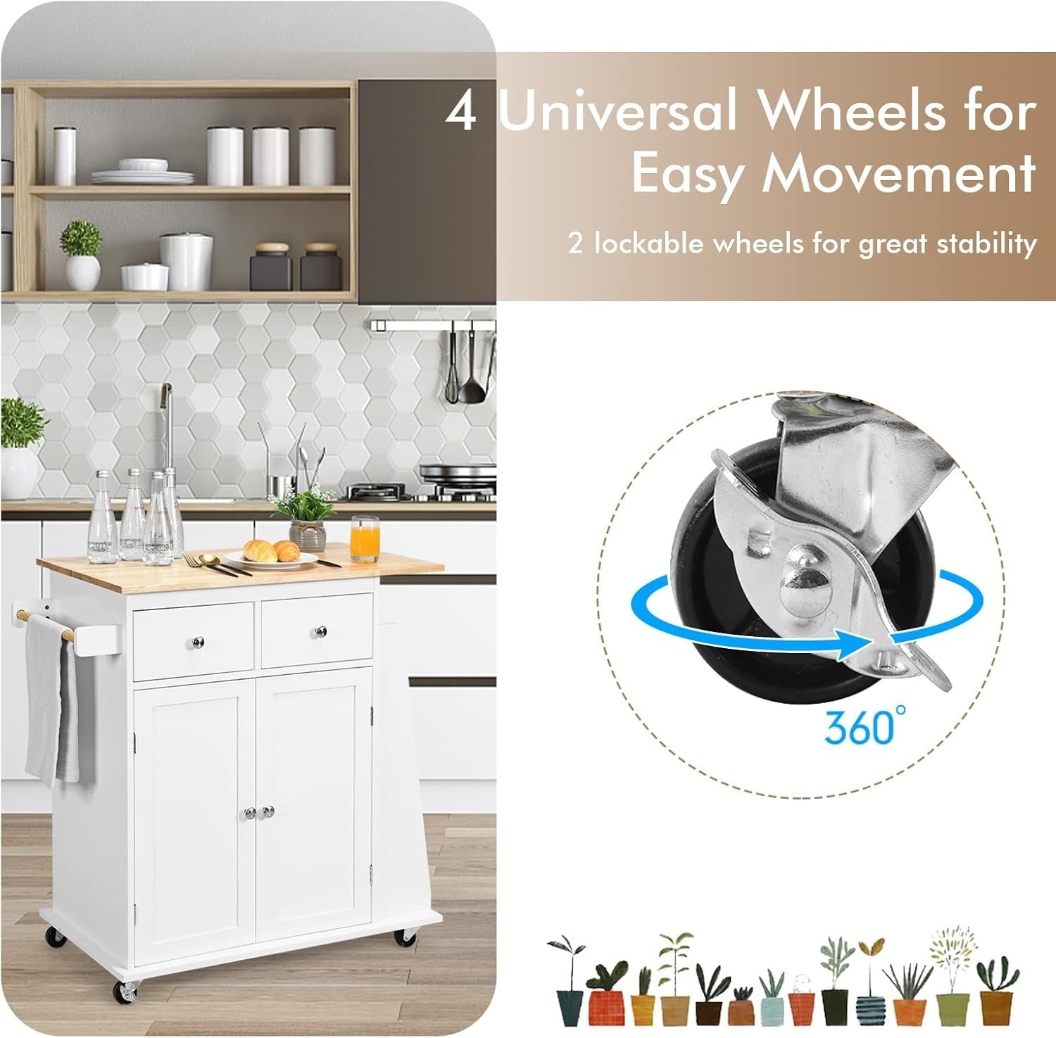 Mobile Kitchen Island Cart with Rubber Wood Countertop, Drawers & Lockable Wheel