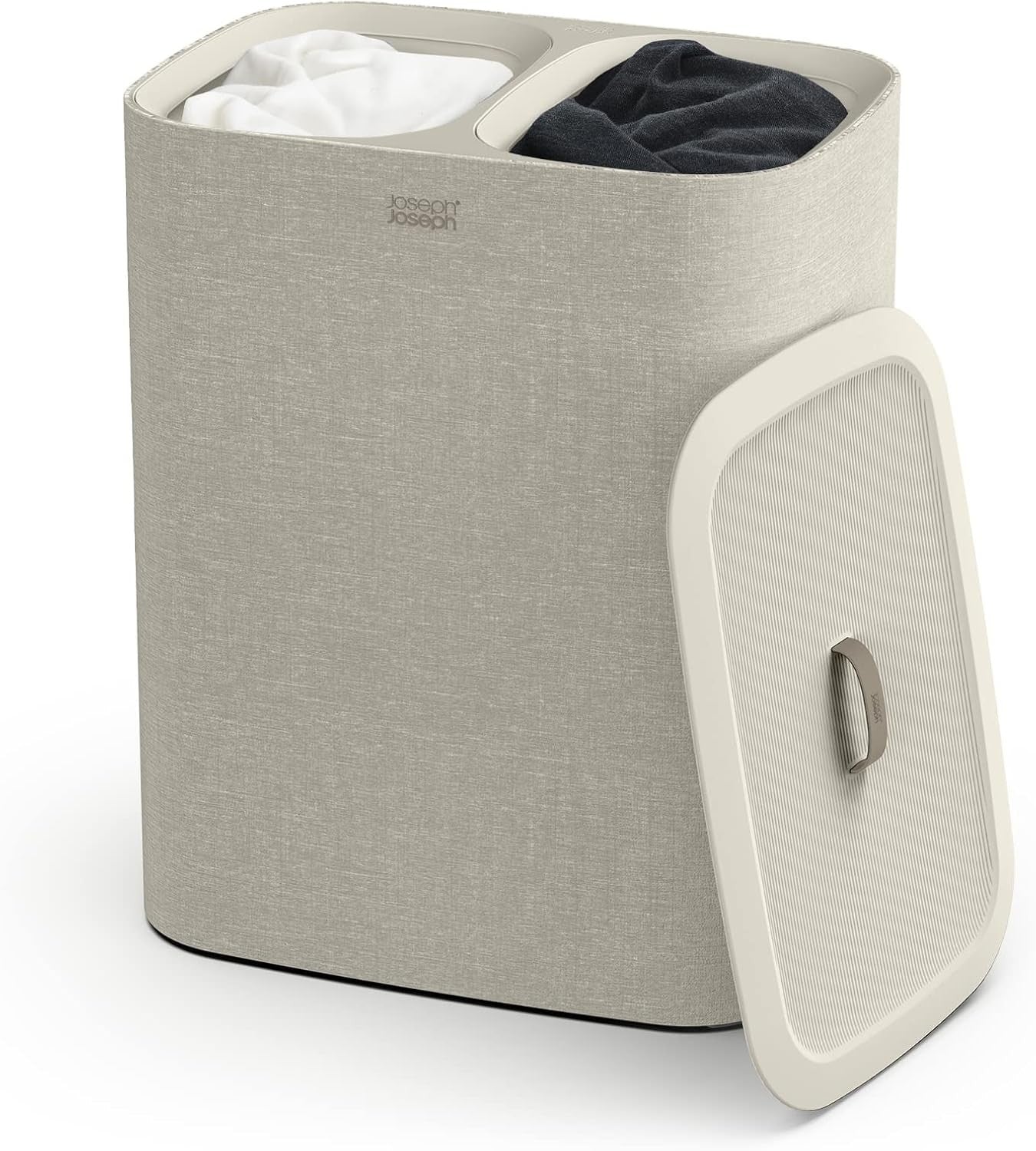 90L Dual Laundry Basket with Lid Removable Washing Bags Modern Ecru Fabric